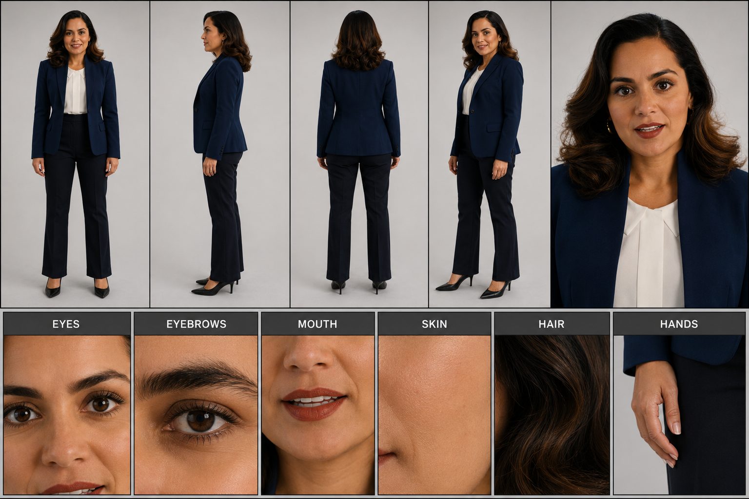 Feature reference sheet — eyes, mouth, skin, hair, hands