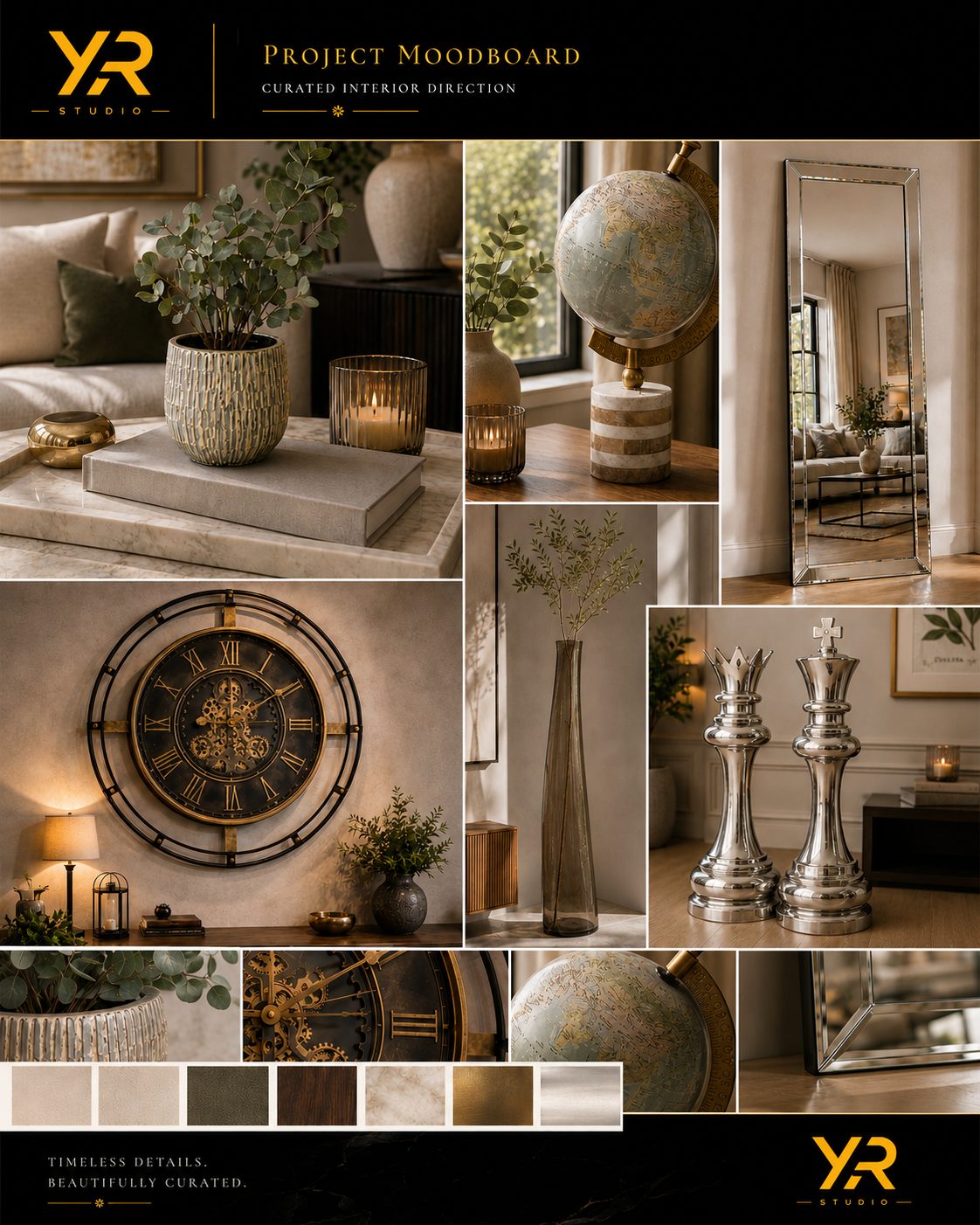 Interior direction board: objects, palette and materials