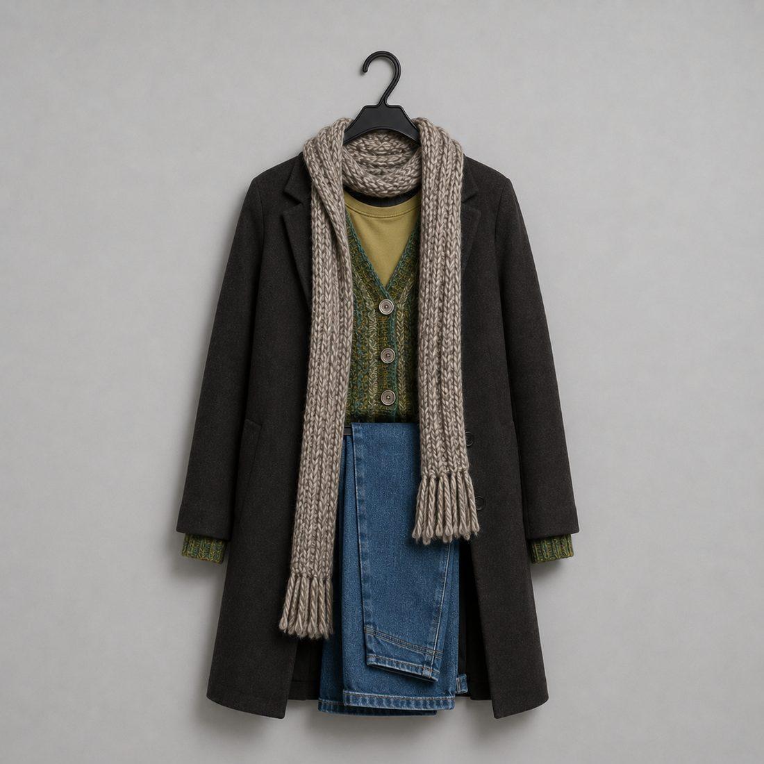 Coat and scarf flat lay